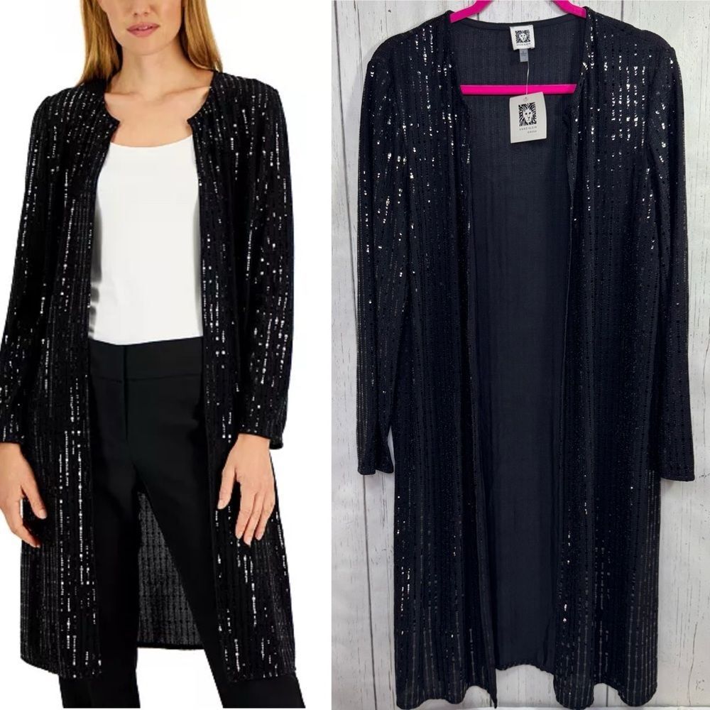Anne Klein Black Sequin Longline Duster Cardigan NWT Evening Glam Holiday Party
